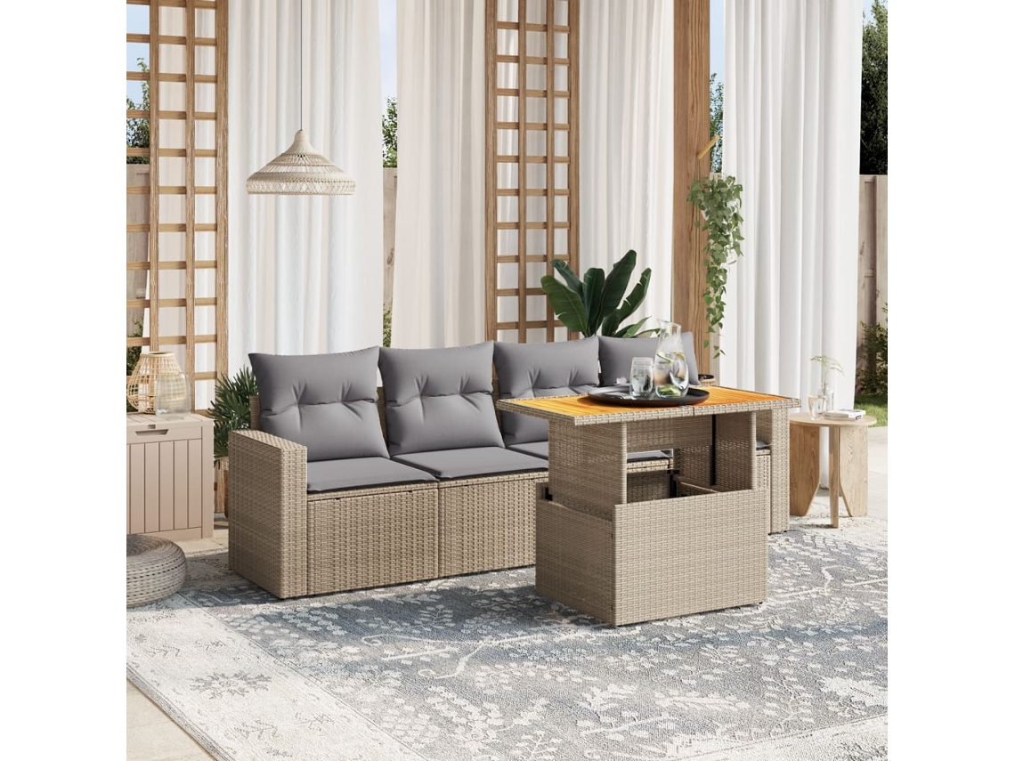 Conjunto de 5 Sofás para Jardim com Almofadas Vime Pe Bege Dkd Home Decor