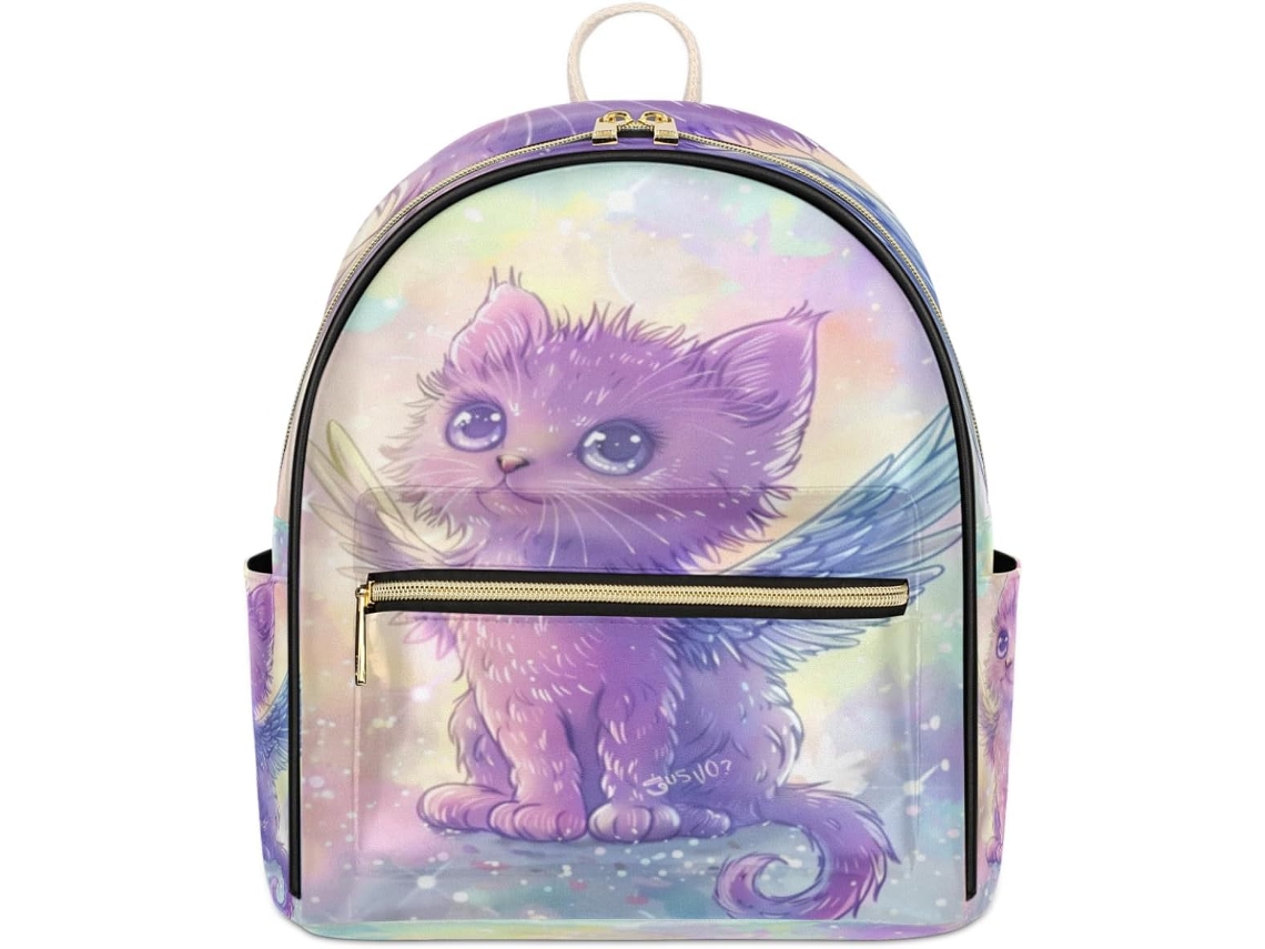 Mochila Tropicallife Angel em Couro com Estampa de Gatinho Fofo para Mulheres e Meninas Estampas Pe Impermeável