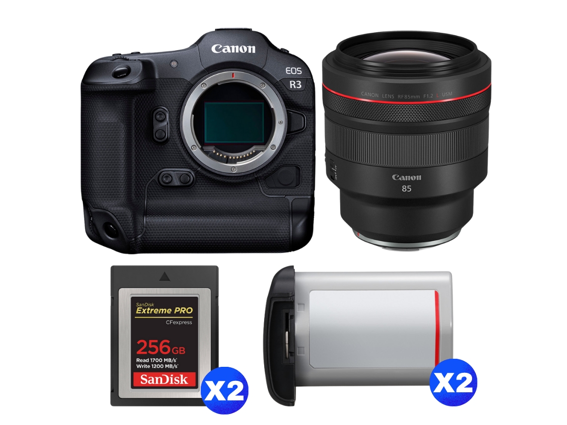 Eos R3 + Rf 85mm F/1.2 L Usm + 2 Sandisk 256gb Extreme Pro Cfexpress Type B + 2 Canon Lp e19 + Ebook “20 Dicas para Fotos Que Impressionam” CANON