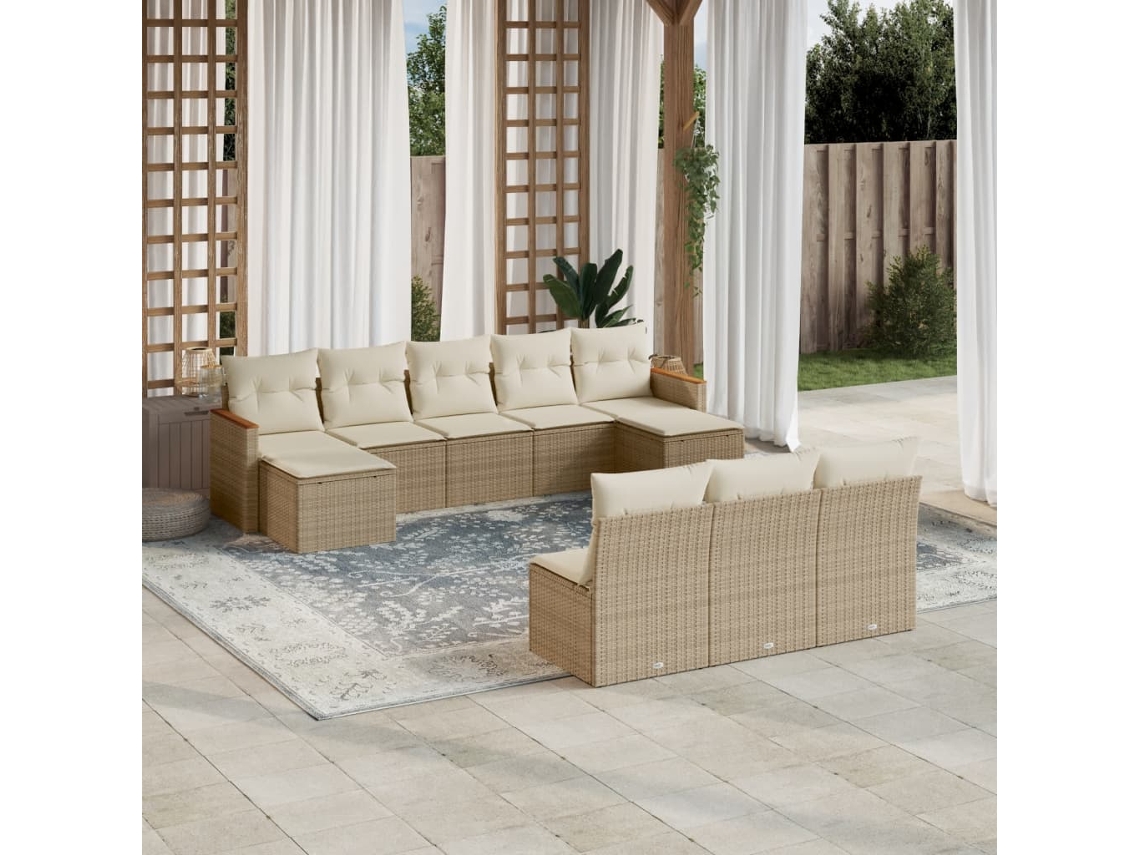 10 Pcs Conjunto De Sofás P/ Jardim Com Almofadões Vime Pe Bege Dkd Home Decor