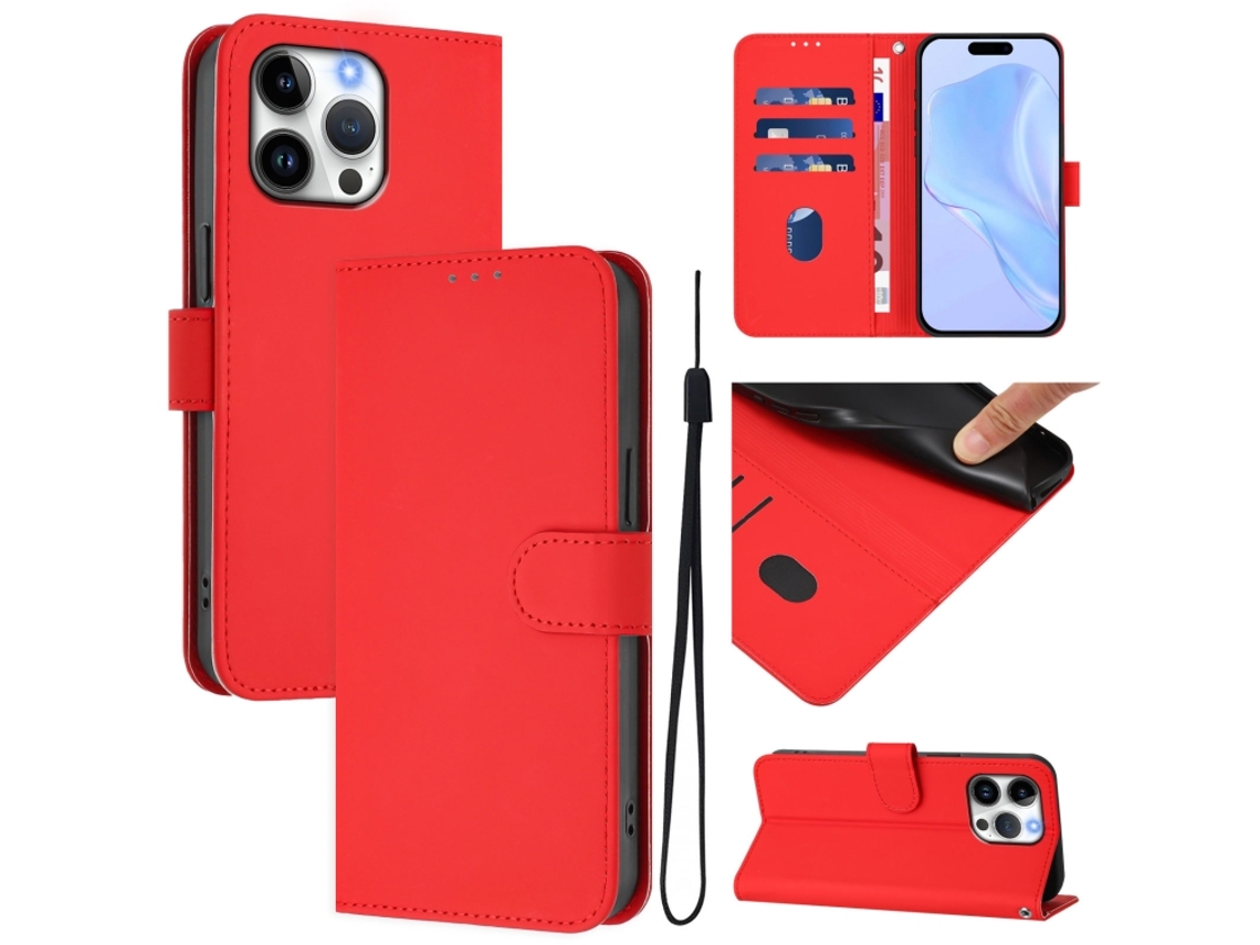 Capa De Couro Sintético Para Iphone 16 Pro Max - Toque Suave - Cor Sólida - Com Cordão