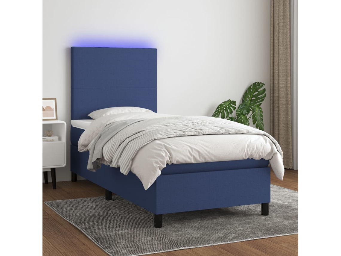 Vidaxl Cama Box Spring C/ Colchão E Led 90x190 Cm Tecido Azul