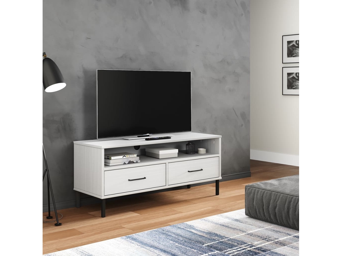 Vidaxl Móvel de Tv C/ Pernas de Metal Pinho Maciço Oslo Branco