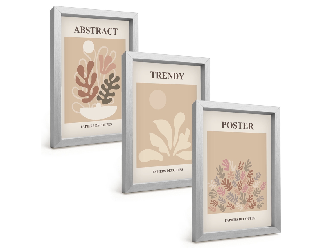 Um Conjunto De Imagens Decorativas Em Uma Molduramotivos De Plantas Em Bege E Marrom Moldura Prateada Pinturas De Quarto Espelharte (3 Peças 20x30 Cm)