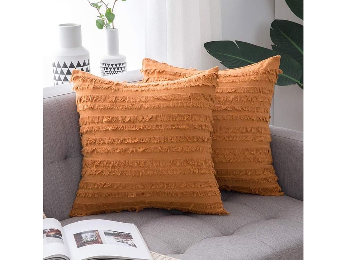 2026 2 Fundas de Almohada Decorativas de Otoño Boho Con Tiras Jacquard Lino Naranja 18x18 Pulgadas para Sofá Sala Dormitorio