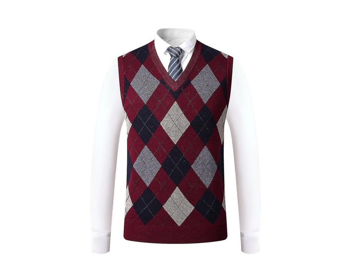 2026 chaleco Jersey Hombre Sin Mangas Cuello V Lana Mezclilla Pullover Slim Fit Estampado Argyle Gris Burdeos Caqui 2xl Vinho Tinto