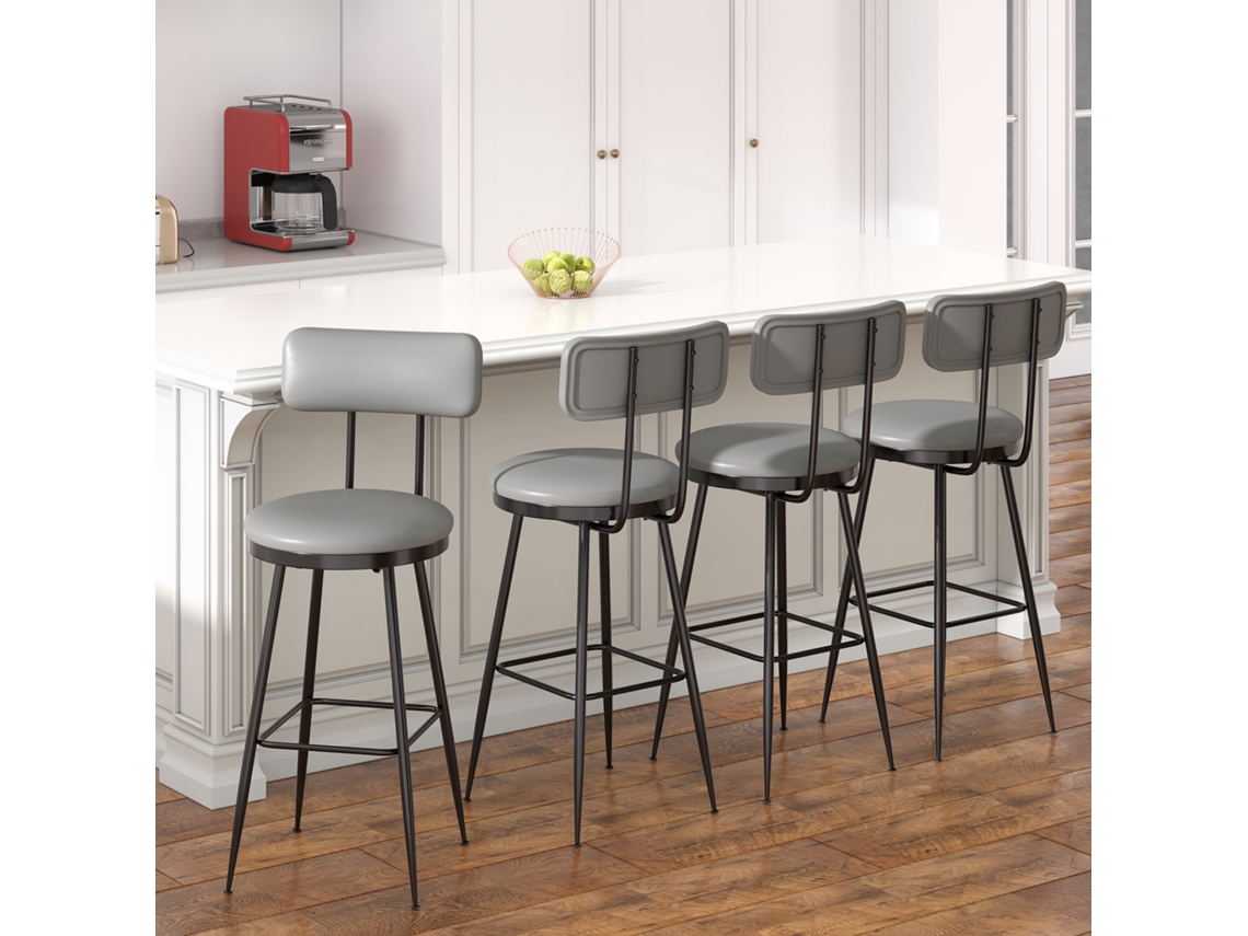 Conjunto De 4 Bancos Altos Para Bar, Assento Em Pele Pu Com Encosto, Estilo Moderno, Pés Em Metal, Para Cozinha E Bar, Cinzento Rosahqnda