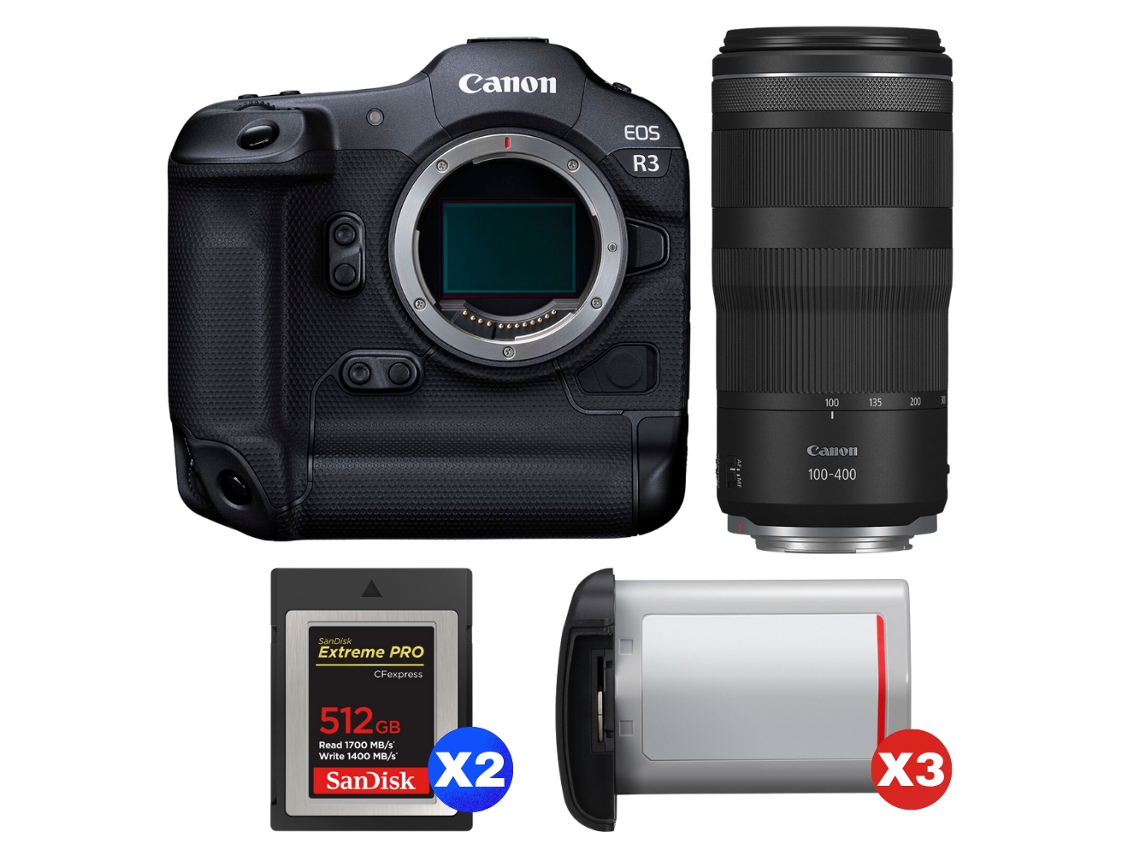 Eos R3 + Rf 100 400mm F/5.6 8 Is Usm + 2 Sandisk 512gb Extreme Pro Cfexpress Type B + 3 Canon Lp e19 + Ebook Pricedirect CANON
