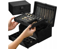 Caixa De Jóias Nível 3 Preto 24x17x11cm Com Cadeado Organizador Elegante