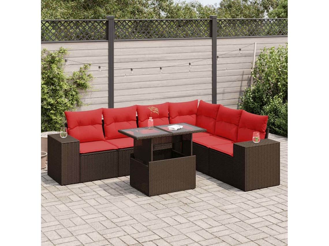 Vidaxl 7 Pcs Conj. Sofás Jardim C/ Almofadões Vime Pe/acácia Castanho