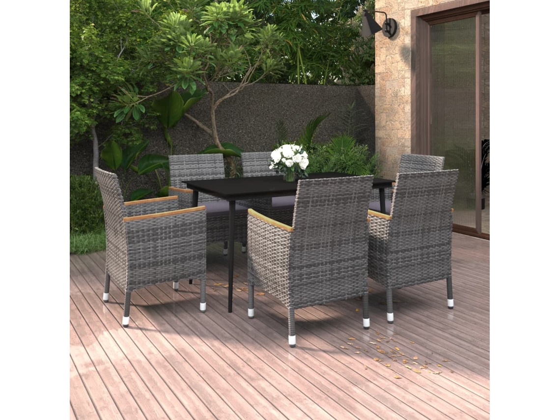 Vidaxl 7 Pcs Conjunto De Jantar P/ Jardim C/ Almofadões Vime Pe/vidro