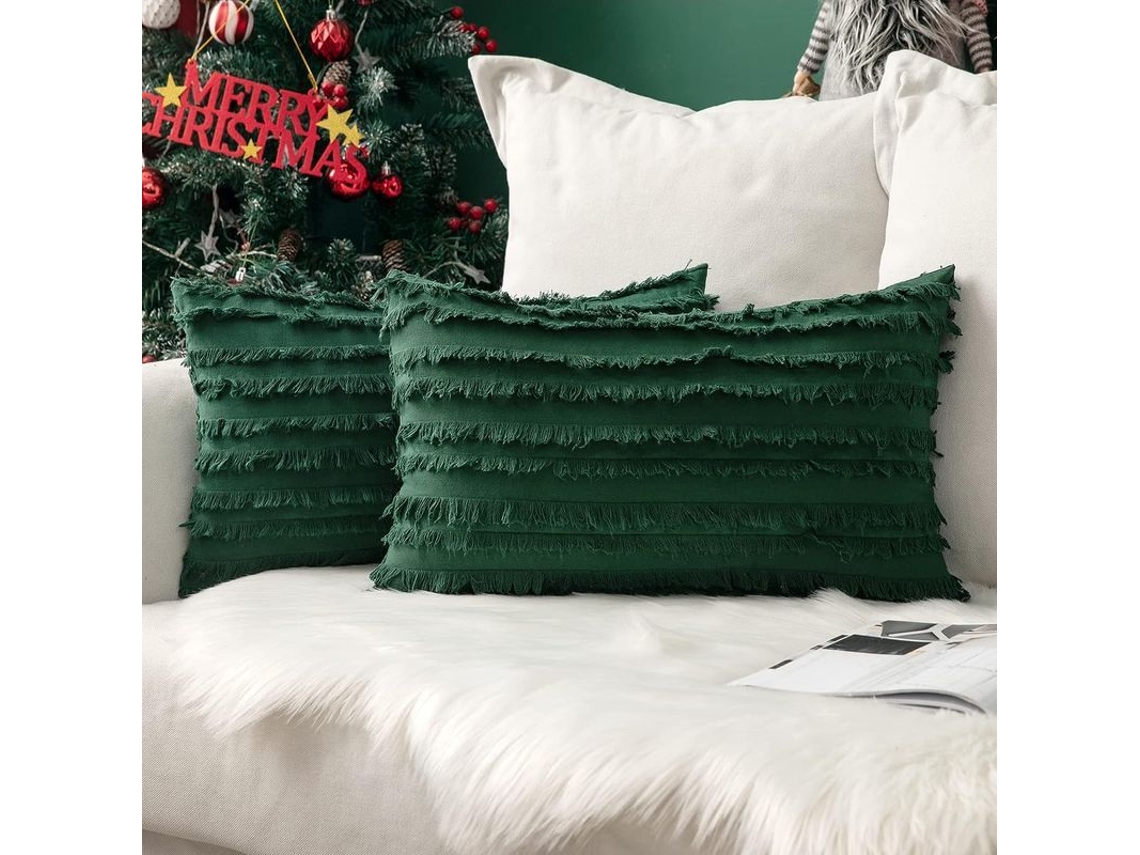 Set De 2 Capas De Almofada Decorativas Boho De Linho Estampado Jacquard Para Sofá 12x20 Polegadas Verde