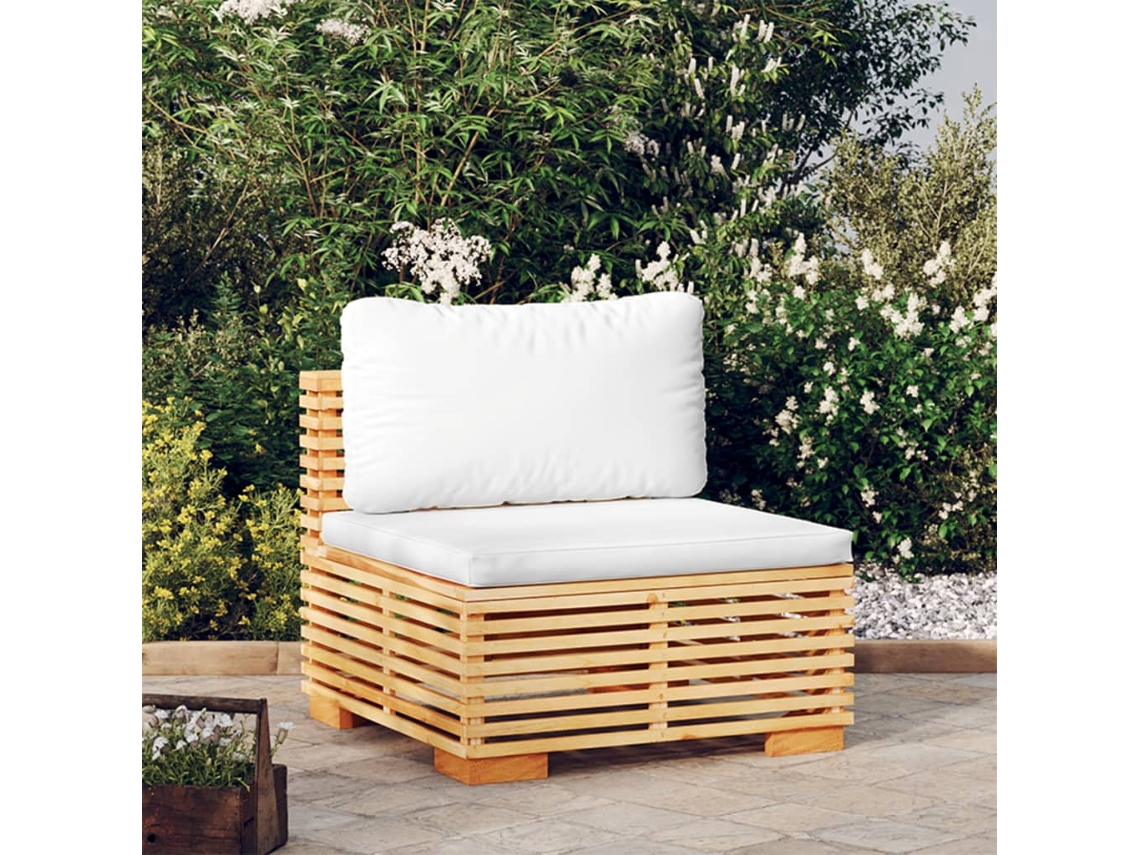 Vidaxl Sofá De Centro P/ Jardim C/ Almofadões Cor Creme Teca Maciça