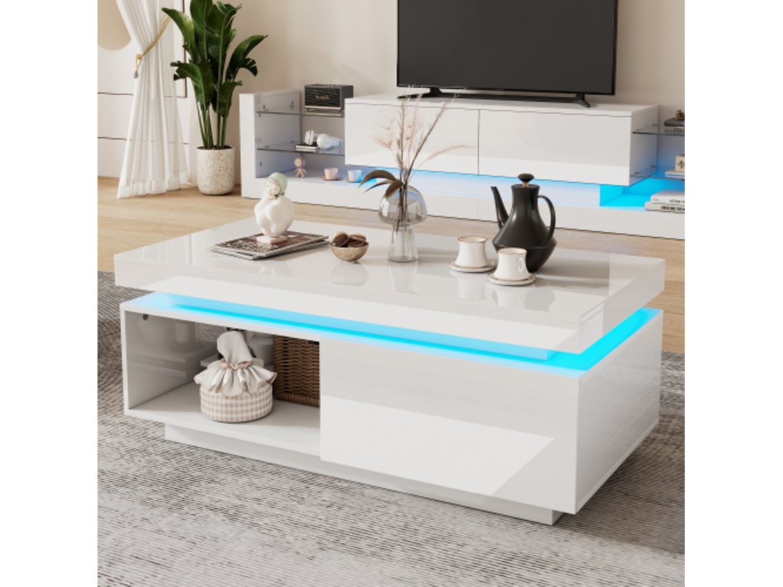Mesa de centro moderna de alto brilho com iluminação LED, 100x50x40,3 cm, mesa elegante com gaveta e capacidade de carga de 50 kg Liptaptyn