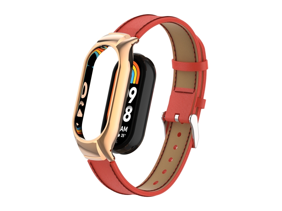 Bracelete de Smartwatch para Xiaomi Mi Band 8 Caixa de metal integrada + de couro de costura de microfibra (vermelho)