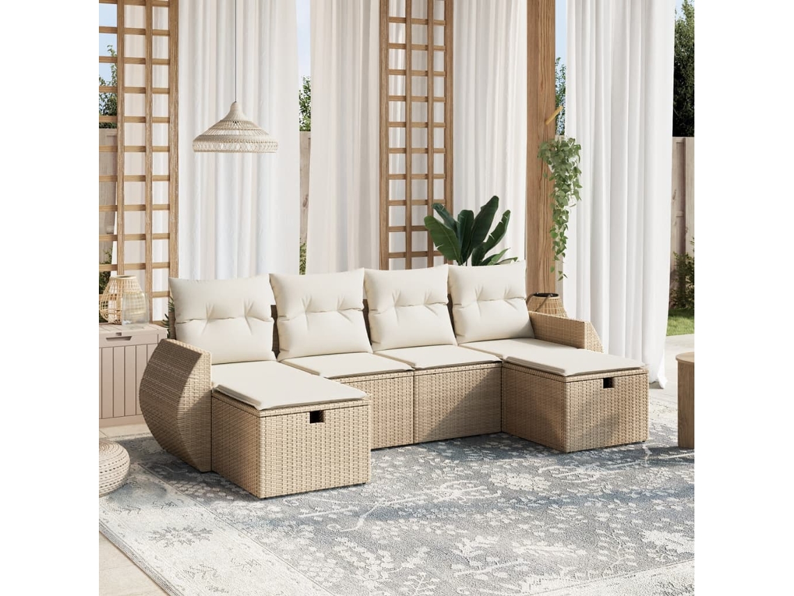 Vidaxl 6 Pcs Conjunto De Sofás P/ Jardim Com Almofadões Vime Pe Bege