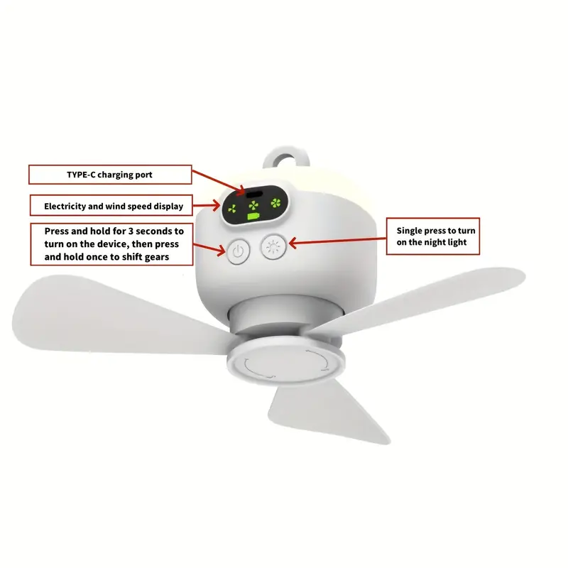 Ventilador Portátil Para Camping De 8000mah Luz Noturna Led 3 Velocidades De Vento 12 Horas De Duração Da Bateria Fluxo De Ar Potente Mdug