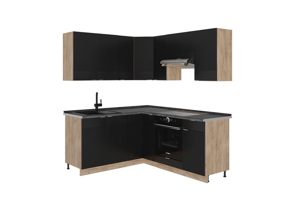 Cozinha Em Ângulo Fame-line, 160x190cm, Pt Antracite, Preto Listrado/carvalho Dourado, Carvalho De Força Dourado, Vicco