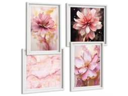 Composição De Quadros Composições Florais Em Tons De Rosa E Branco Moldura Branca Quadros Para O Escritório Espelharte (conjunto De 4 Imagens)