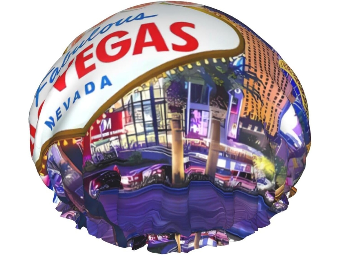 Touca De Banho Tamanho Único – Reutilizável, Com Dupla Camada, Estampa Da Vida Noturna De Las Vegas E Elástico –