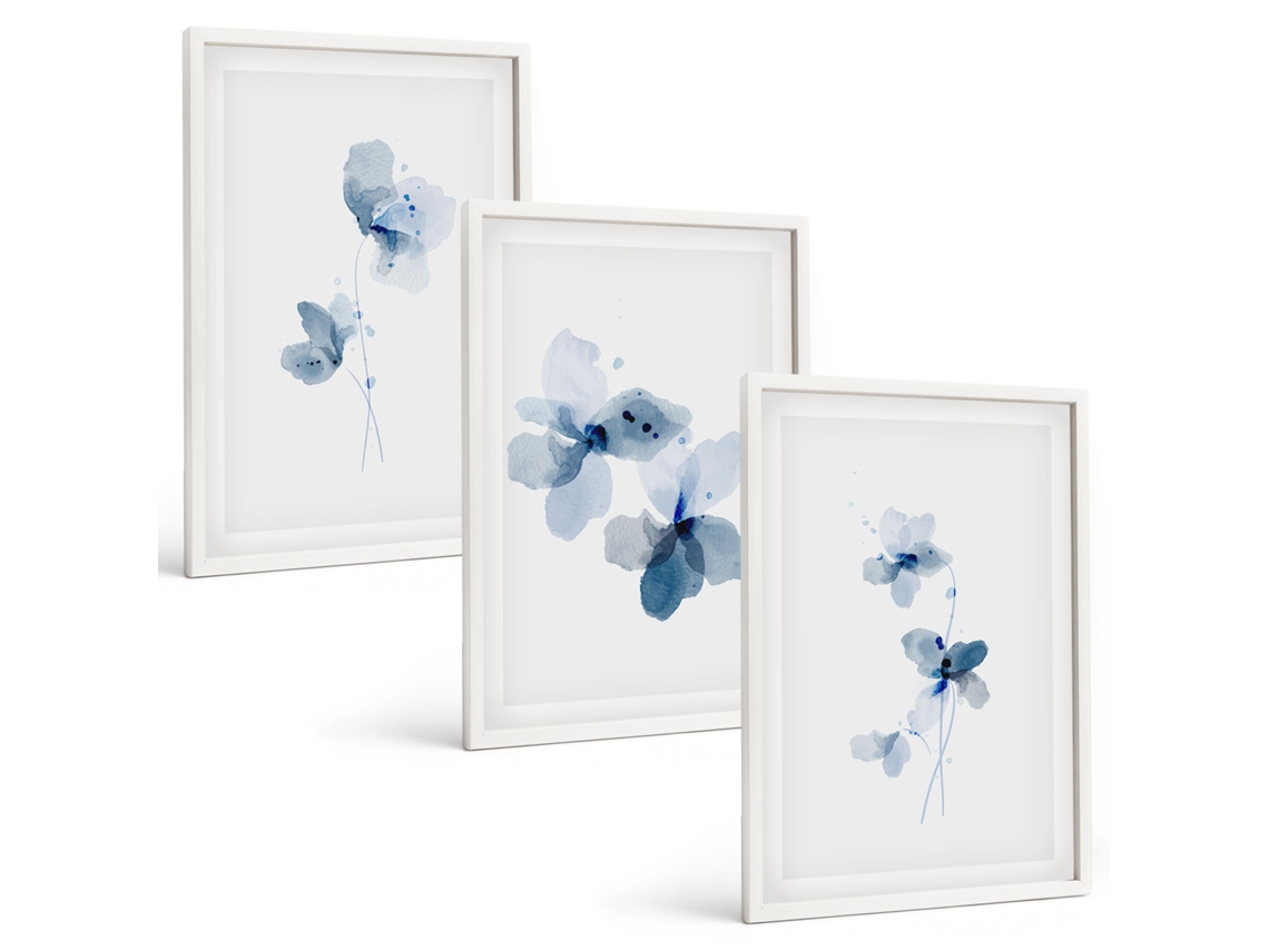 Um Conjunto De Imagens Decorativas Em Uma Moldura Flores Azuis Moldura Branca Quadros Para O Escritório Espelharte (3 Piezas De 40x60 Cm)