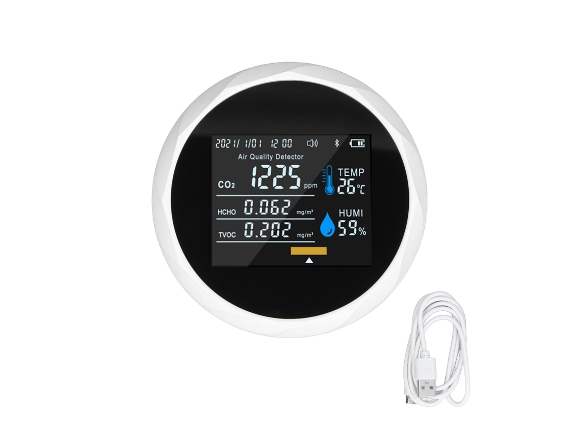 Primeiro monitor portátil digital de qualidade do ar com tecido colorido e detecção em tempo real, USB 5V, branco.