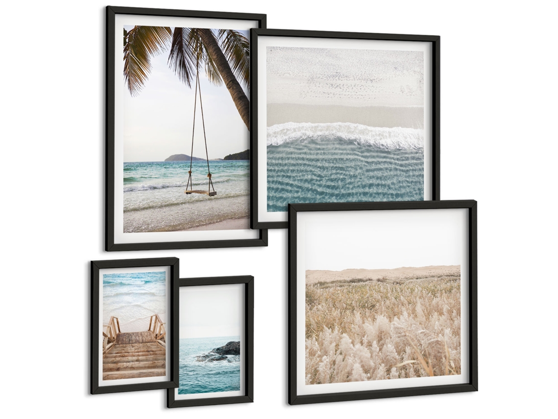 Um Conjunto De Imagens Decorativas Em Uma Moldura Paisagens Verdes, Cachoeiras Moldura Preta Pinturas De Quarto Espelharte (conjunto De 5 Imagens)