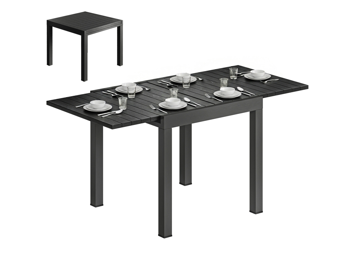 Mesa De Jardim Extensível Para 4-6 Pessoas Com Extensão De Autoarmazenamento De Alumínio Com Efeito Madeira, 80-160 X 80 Cm, Preto