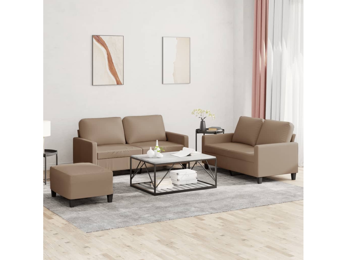 Vidaxl 3 Pcs Conjunto Sofás C/ Almofadões Couro Artificial Cappuccino