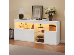 Armário Sala Branco 155,5x35x72cm, Alto Brilho, Led, 3 Portas, 3 Divisórias Vidro. Cs