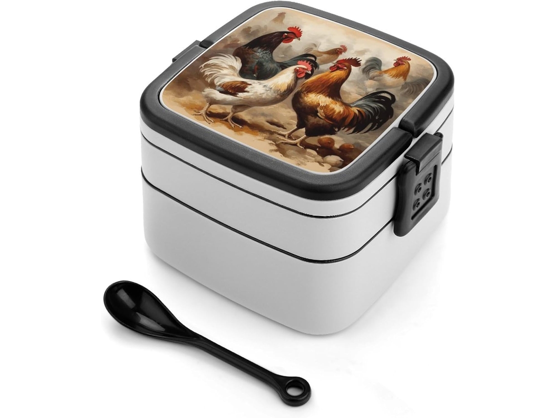 Lancheira Bento Para Adultos Com Estampa De Galinha E Galo, Inclui Colher, Fofa, Dupla Camada, Empilhável, À Prova De