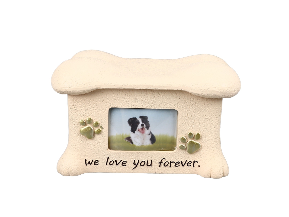 Urna memorial para cinzas de cão com display de fotos e tampa em forma de osso com marca