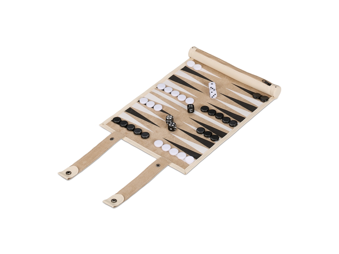 Relaxdays Backgammon, Jogo De Viagem Enrolável, Com Acessórios, Campo De Jogo 32 X 26 Cm, Design Em Couro, Bege