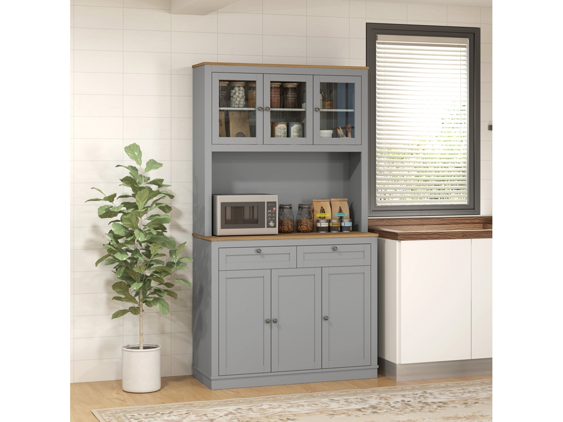 Armário De Cozinha Com 3 Portas De Vidro Compartimento Aberto 2 Gavetas E Prateleiras Ajustáveis 100x40x180 Cm Cinzento