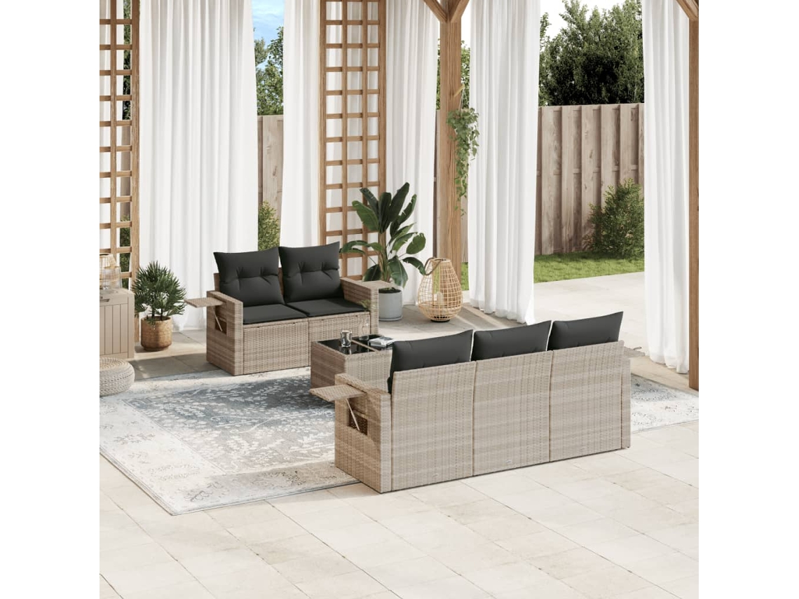 Vidaxl 6 Pcs Conj. Sofás Jardim Com Almofadões Vime Pe Cinzento-claro