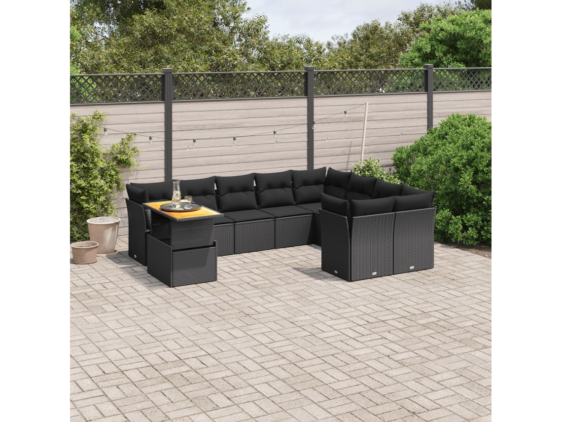 Vidaxl 10 Pcs Conjunto Sofás De Jardim C/ Almofadões Vime Pe Preto