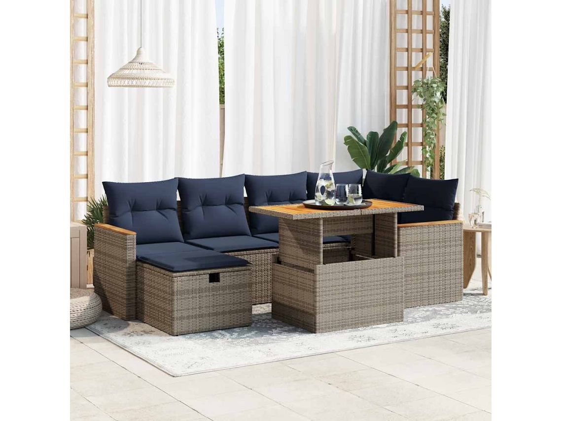 Vidaxl 7 Pcs Conjunto Sofás Jardim C/ Almofadões Vime Pe/acácia Cinzento