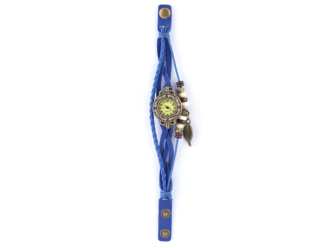 Relógio Pulseira Feminino Pu com Pingente Folha Azul Analógico Quartzo Elegante