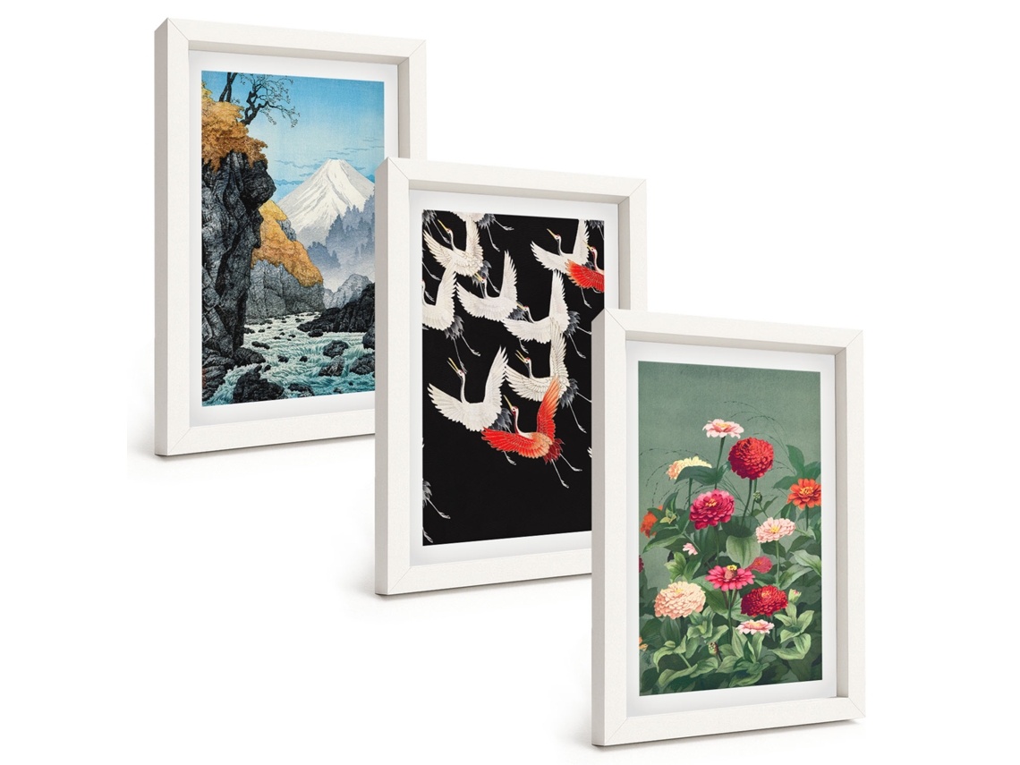 Galeria De Pinturas Na Parede Montanhas, Cachoeira, Pássaros, Flores Moldura Branca Pinturas De Quarto Espelharte (3 Peças 20x30 Cm)