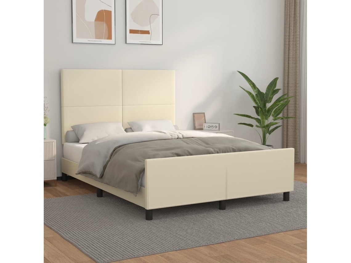 Vidaxl Estrutura De Cama C/ Cabeceira Couro Artificial 140x200cm Creme