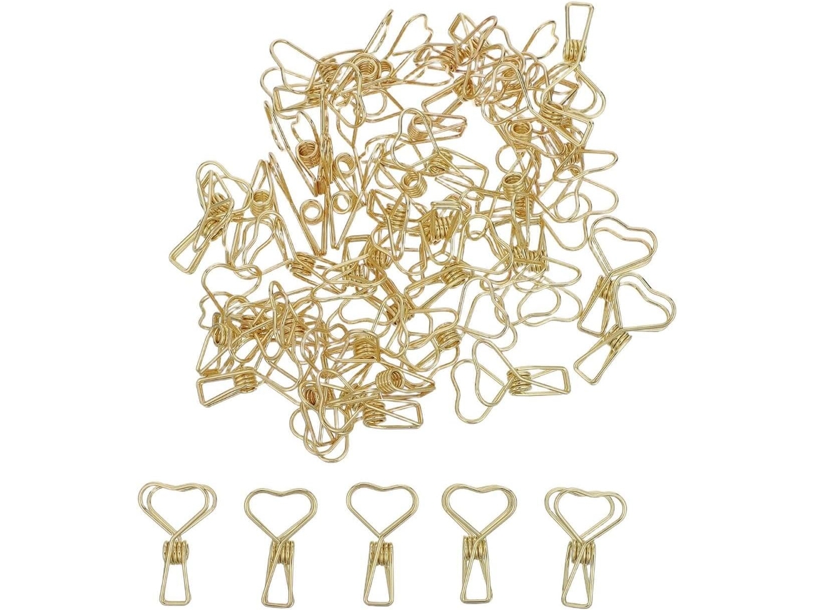 Clips de papel pequenos em formato de coração de metal dourado, pacote com 50 unidades, ideais para arquivos e organizadores.