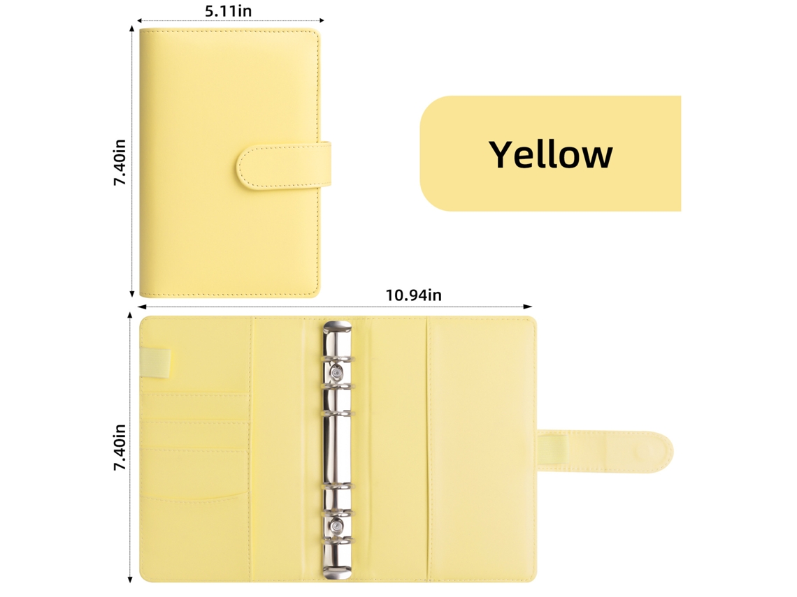 A6 Macaron Pu Leather Ring Binder Cash Envelope Notebook Budget Planner With Zipper Pouch, Yellow Cover