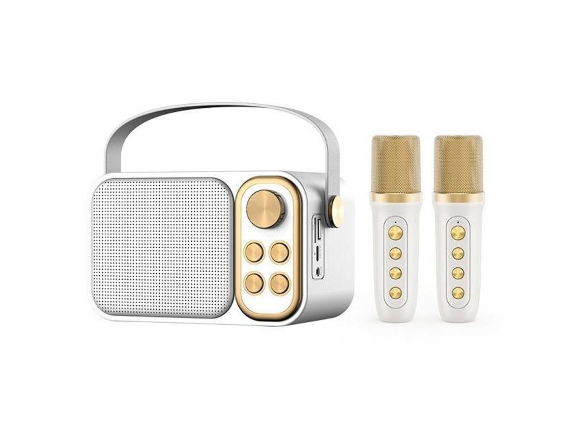 Coluna Bluetooth Karaokê Com 2 Microfones - Alto-falante Portátil Com Design Elegante E Múltiplas Funções - Branco