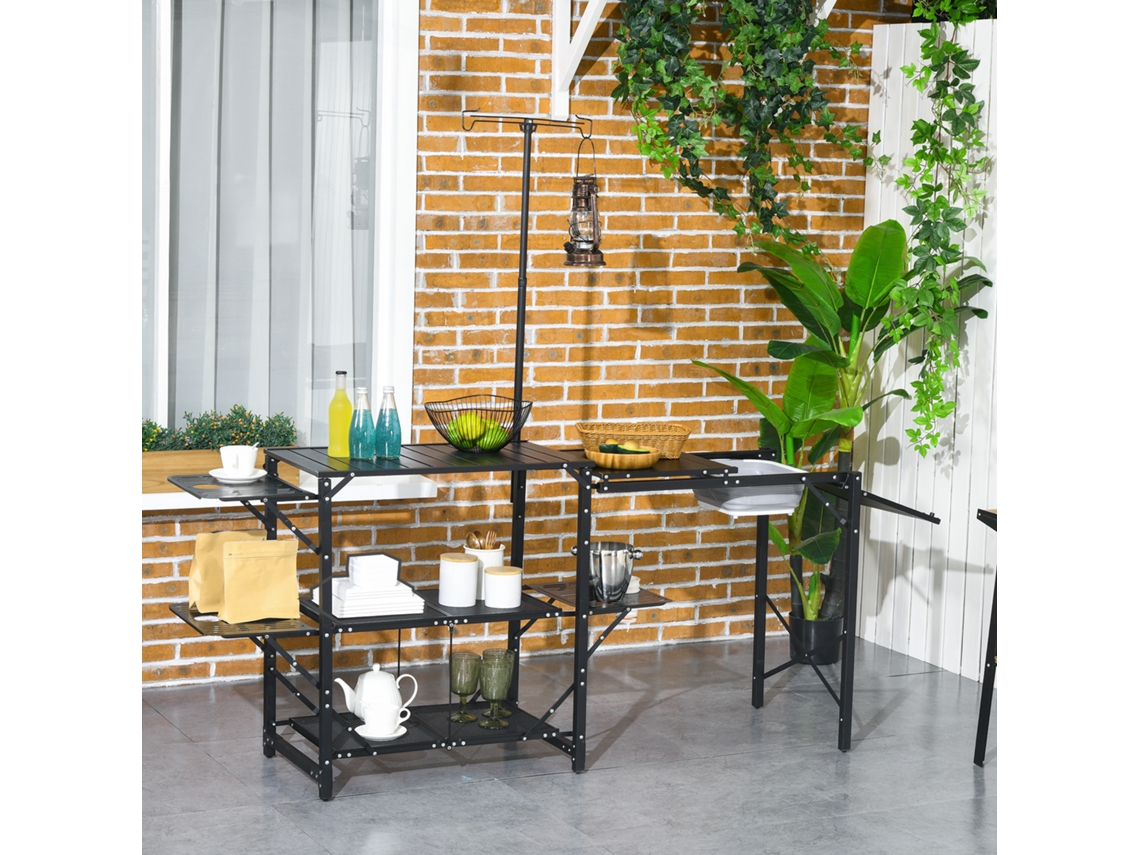 Mesa de Campismo 3 Níveis Dobrável Portátil C/prateleiras Armazen. Lava louça Suporte P/candeeiro e Bolsa Transp. Exterior 173x52x80 174 Cm