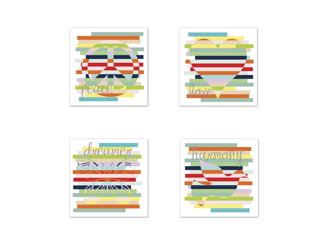 Conjunto de 4 pinturas decorativas com padrões abstratos em inglês e desenhos de impressão de letras.