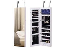 Armário De Joias Para Parede Ou Porta Com Espelho, Iluminação Led, 5 Prateleiras, 2 Gavetas, 37x10x120cm, Efeito Madeira Cinza.