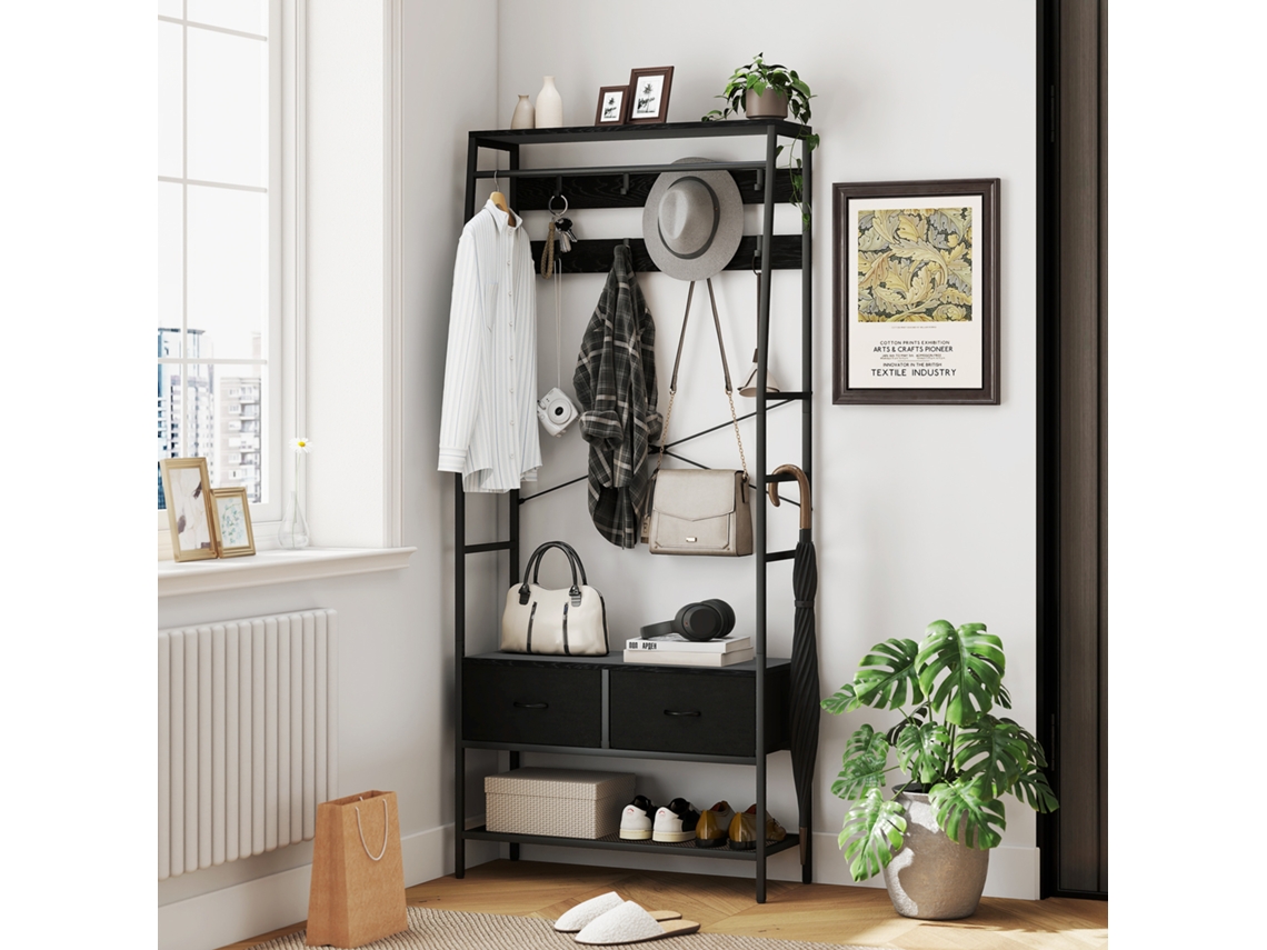 Garderobenständer Mit Schuhregal, Kleiderständer Im Industrie-design, 2 Stoffschubladen, 8 Haken, Metallrahmen, Schwarz