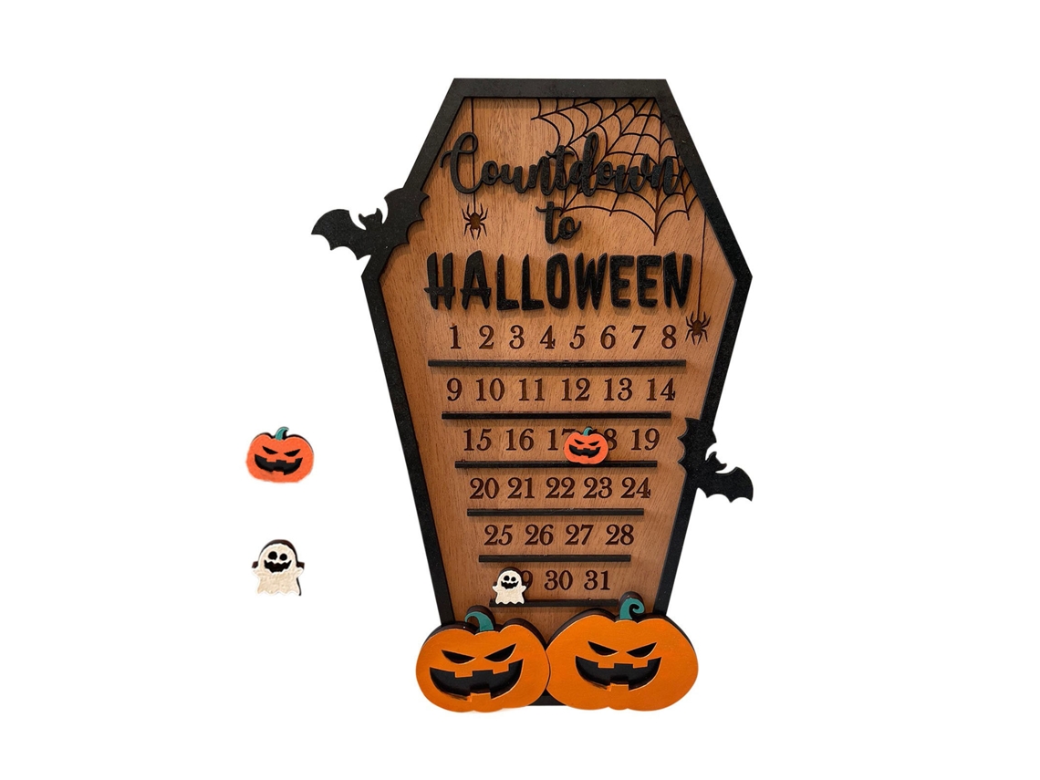 Calendário de Contagem Decrescente Halloween em Madeira com Abóbora e Fantasma LAXISCREED