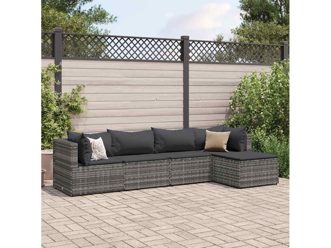 Vidaxl 5 Pcs Conjunto Lounge De Jardim C/ Almofadões Vime Pe Cinzento