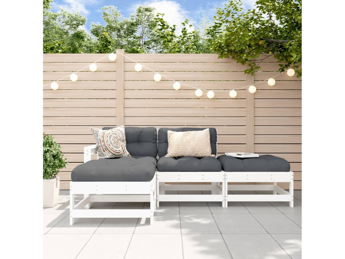 Vidaxl 4pcs Conjunto Lounge Jardim C/ Almofadões Madeira Maciça Branco